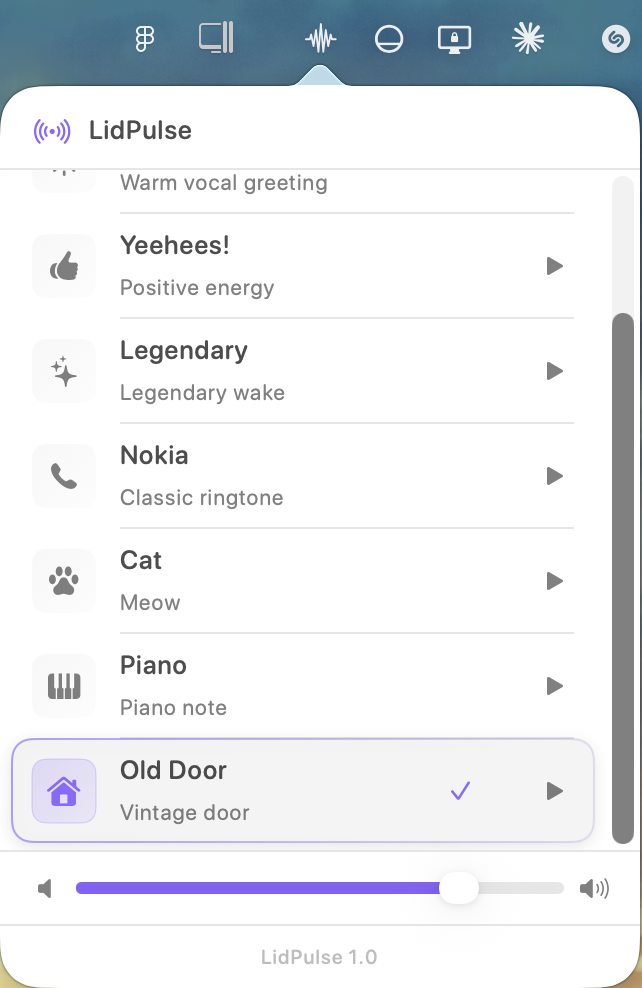 LidPulse menu scrolled, Old Door selected