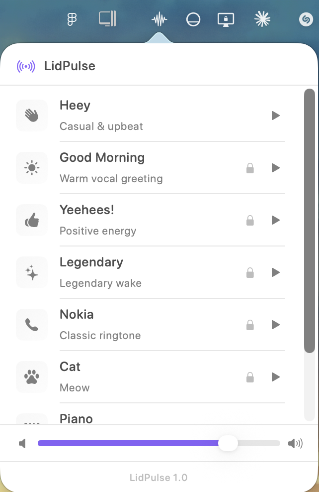 LidPulse menu showing sounds list, Heey selected